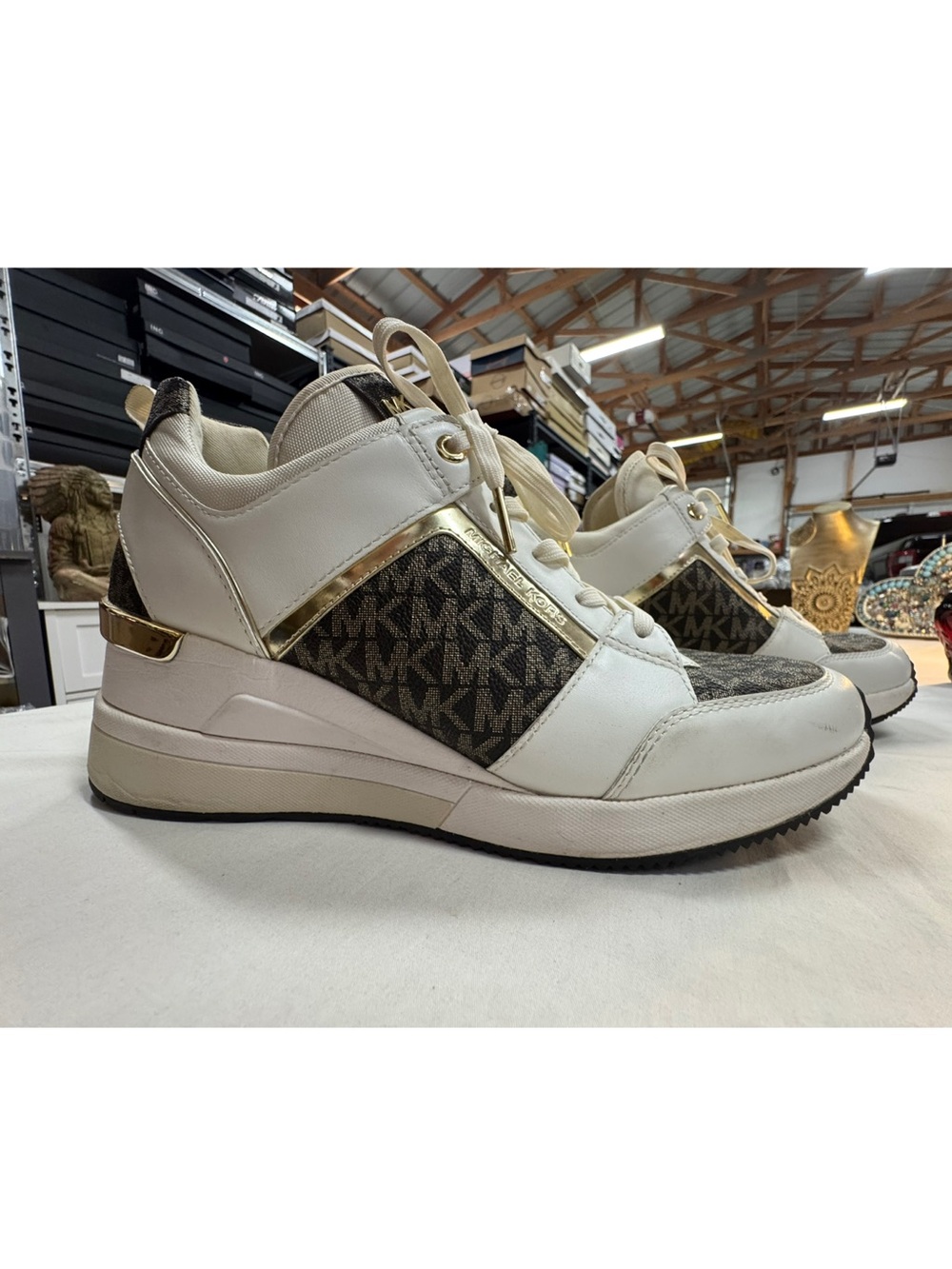 Michael Kors White, Brown & Gold Logo Wedge Sneakers